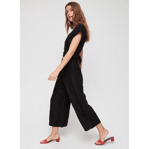 Aritzia WILFRED Brax Black Linen Lyocell Cut-Out Wrap Wide Leg Jumpsuit, Size 6 - Picture 3 of 13
